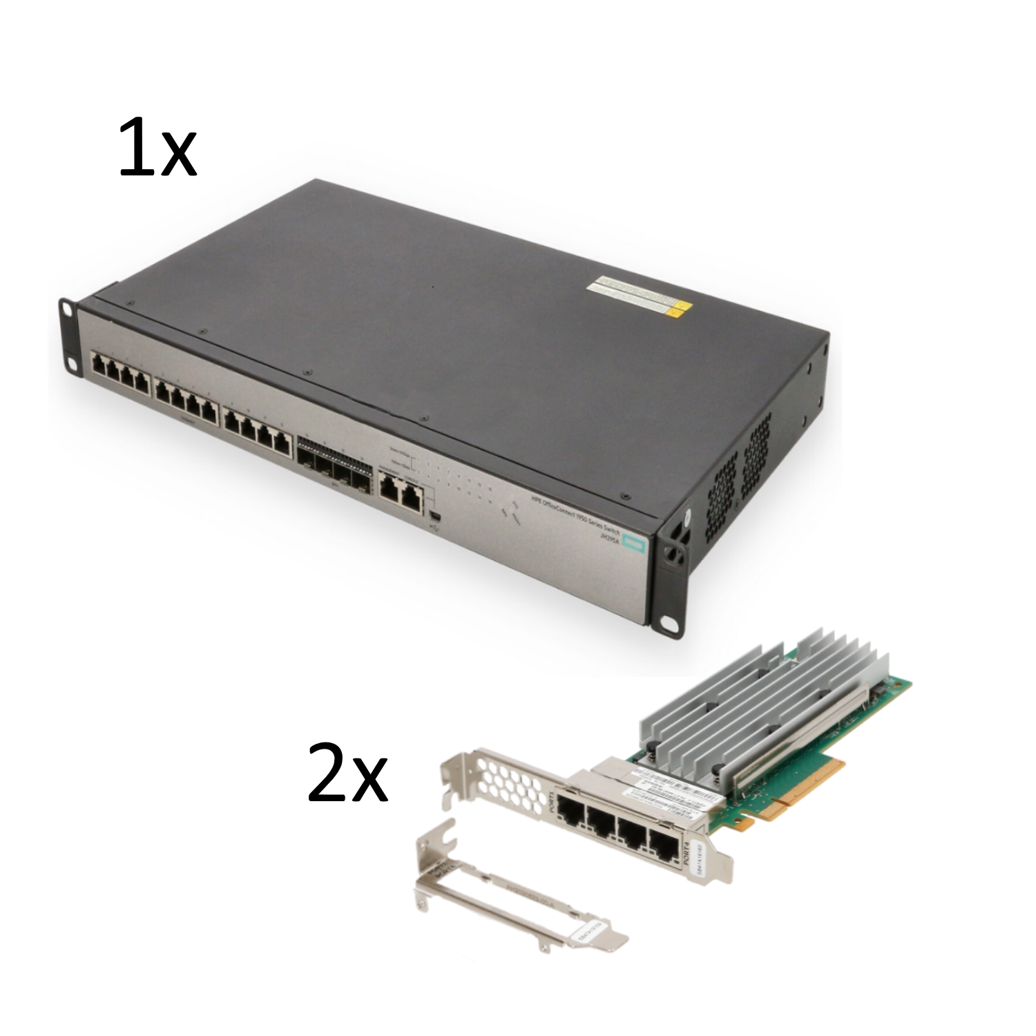 Starterkit "L" 1x HPE OfficeConnect 1950-12XGT-4SFP+ 12x 10GBase-T 4x SFP+ 10G Switch und 2x QLogic QL41134 4x 10GBase-T PCIe Server Ethernet Adapter