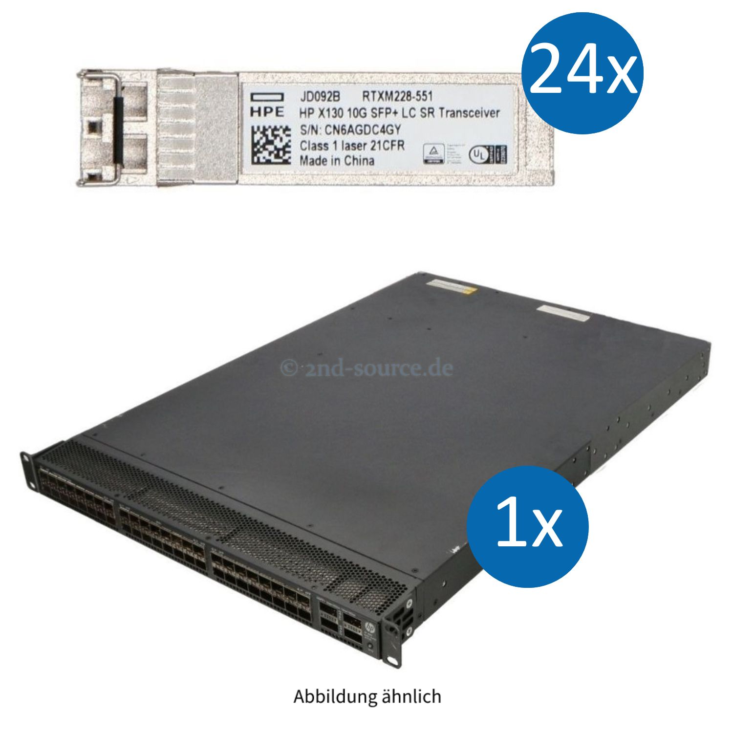 Starterset "XL" HPE FlexFabric A5900AF-48XG-4QSFP+ 48x SFP+ 10GbE 4x QSFP+ 40GbE B-to-F 2x 650W Switch JC772A JC682A JC680A und 24x GBIC JD092B