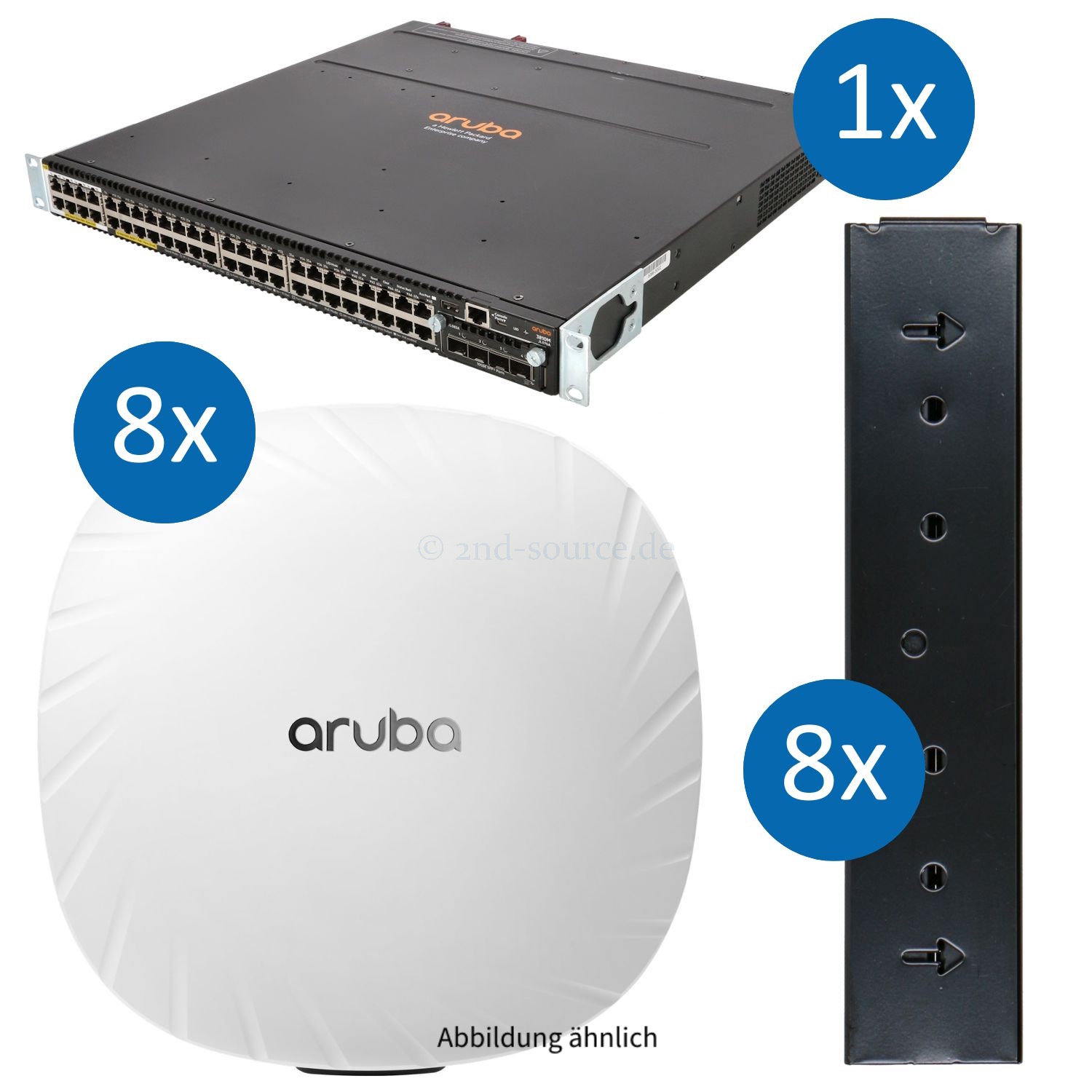 HPE Aruba Set mit 3810M 40x RJ-45 1GbE PoE+ 8x RJ-45 5GbE PoE+ Smart Rate 4x Stacking 4x SFP+ 10GbE MACsec 2x 1050W und 8x AP-555 Access Point JL076A JL087A JL083A JL084A JZ356A R3J19A
